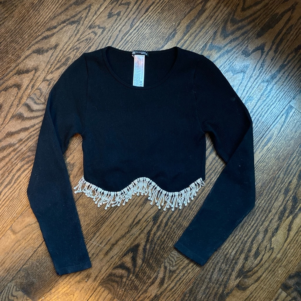 Zara Women's Crop Top Black and Silver Size S